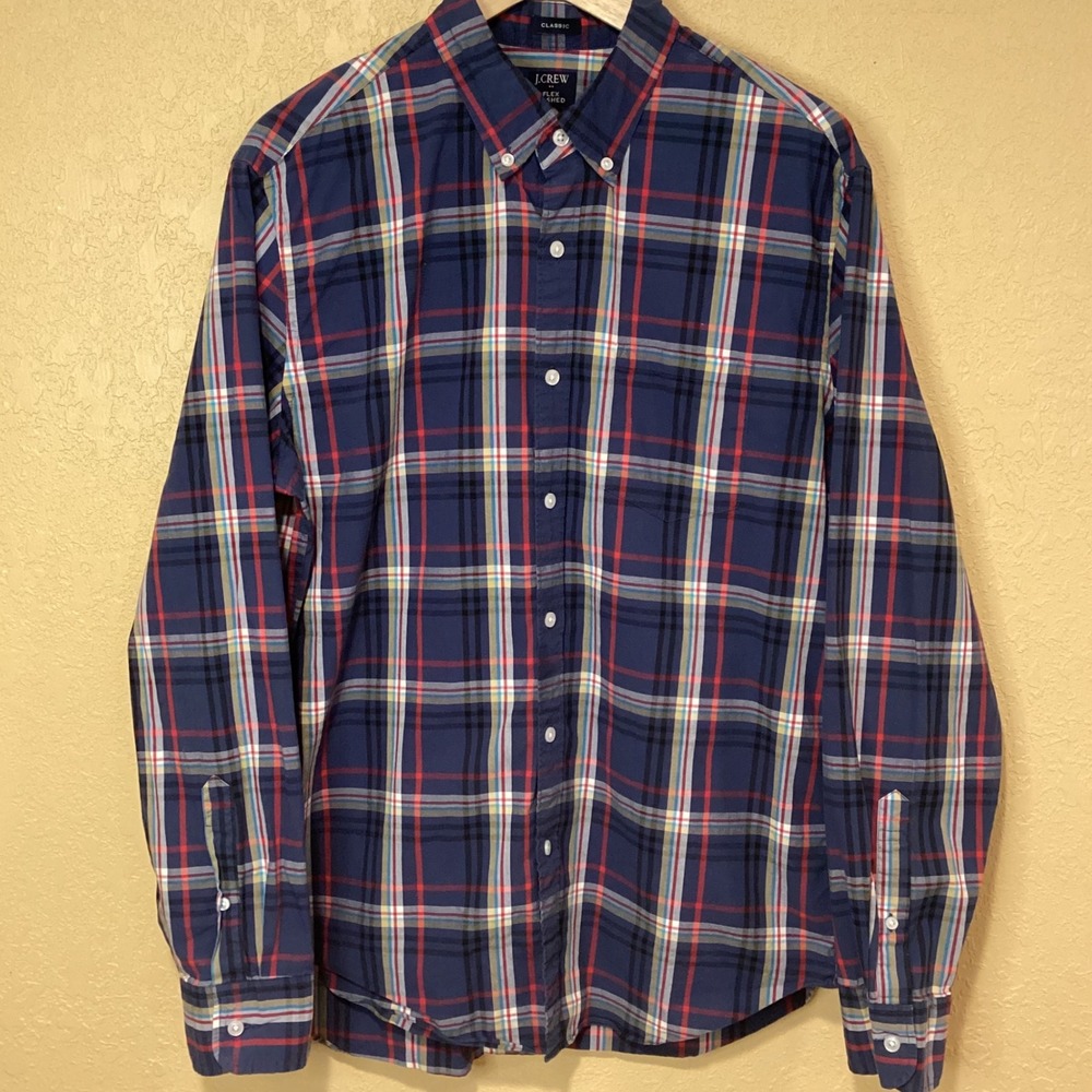 J. Crew Factory Men's Large Long Sleeve, Button Up Collared‎ Blue Plaid Shirt